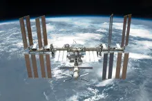 The International Space Station in orbit above Earth, photographed by NASA.