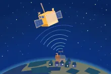 A cartoon illustration of a small home-built amateur radio satellite with solar panels and a whip antenna, radio waves arcing down to a rooftop ham antenna on a tiny house below, against a starry night sky