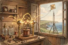 Cartoon-style illustration for the spark era amateur radio article