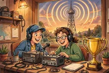 Cartoon illustration of two smiling ham radio contest operators with headsets at a station desk, with a golden trophy and a radio tower radiating signal waves behind them.