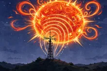 A cartoon illustration of a ham radio antenna tower on a hilltop silhouetted against a large, flaring sun with radio waves radiating outward.