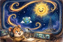 Cartoon illustration of an amateur radio operator at a desk looking up at a flaring cartoon sun over a small Earth, with radio waves connecting an antenna tower to the sun.