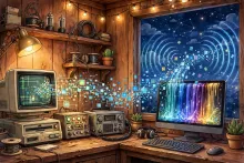 Cartoon illustration of a ham radio shack with a vintage packet radio computer and a modern screen showing a colorful digital waterfall under a starry sky