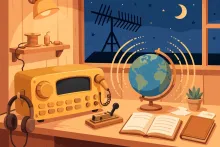 A cartoon illustration of a cozy amateur radio shack desk with a transceiver, headphones, Morse key, logbook, a globe encircled by radio waves, and a beam antenna silhouetted against a starry night sky.