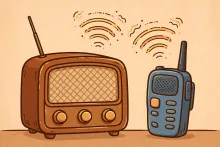Cartoon illustration of a vintage 1940s tube radio beside a modern handheld two-way radio.