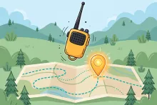 Cartoon illustration of a handheld two-way radio with a map and location pin.