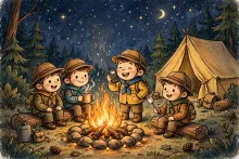 Cartoon illustration of young scouts talking on a handheld radio at a campsite under a starry night sky.