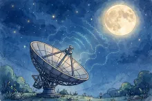 Cartoon illustration of a large dish antenna aimed at the moon in a starry night sky.