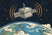 Cartoon illustration of a tiny shoebox-shaped satellite beeping above Earth in space.