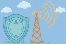 Cartoon illustration of a radio tower radiating signal waves beside a protective shield.