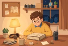 Cartoon of a new ham studying a license manual at a desk with a handheld radio nearby
