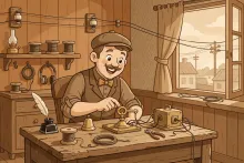 Cartoon of a vintage telegrapher cheerfully sending Morse on a brass straight key
