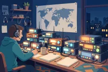 Cartoon of a busy ham shack during a contest, with headphones, log sheets, and a world map