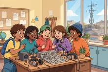 Cartoon of a school classroom with students gathered around a radio station and a rooftop antenna