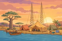 Cartoon of a West African lakeside camp with antennas and a radio tent