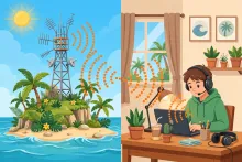 Cartoon of a tropical island with a radio tower while a young operator works a laptop at home