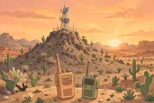 Cartoon of a mountaintop repeater tower in the desert with GMRS handheld radios in the foreground