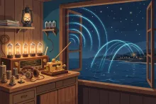 Cartoon of a 1920s ham station at night with radio waves arcing across the Atlantic to France