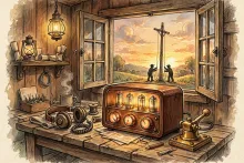 Cartoon illustration of a vintage 1940s ham radio shack with a glowing vacuum-tube receiver and telegraph key, while two figures outside the window lower an antenna mast at sunset.