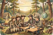 Cartoon illustration of scouts and amateur radio operators at a portable campsite station with an antenna strung between trees