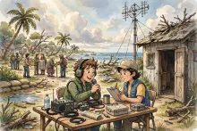 Cartoon illustration of volunteer amateur radio operators running an emergency station at a table after a coastal storm, with neighbors receiving help nearby.