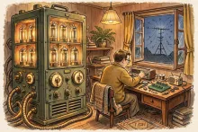Cartoon illustration of a 1950s ham shack with a giant glowing vacuum-tube transmitter beside a tiny transistor radio on a wooden desk.