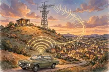 Cartoon illustration of a 1970s hilltop amateur radio repeater tower relaying signals to a mobile operator in a car overlooking a town at dusk.