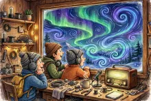 Cartoon illustration of amateur radio operators in a ham shack watching aurora glow through the window while solar wind swirls overhead