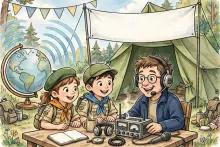 Cartoon illustration of Scouts and an amateur radio operator at a radio station with headphones, a microphone and radio waves around a globe