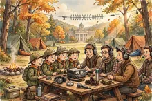 Cartoon illustration of Scouts and amateur radio operators at an outdoor radio station with tents, a dipole antenna between trees, and a convention hall behind them.