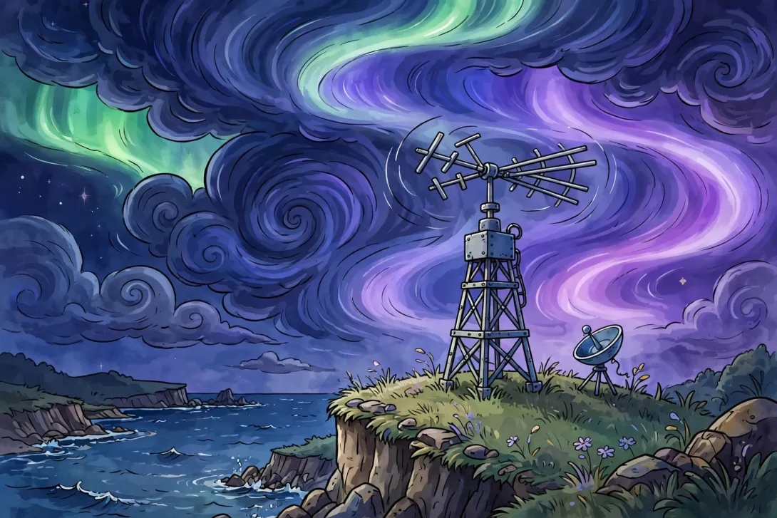 Cartoon illustration of an amateur radio antenna tower with a satellite dish on a coastal hilltop at night, beneath swirling storm clouds and glowing green and violet aurora ribbons.