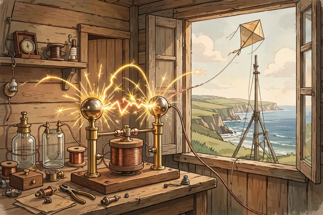 Cartoon-style illustration for the spark era amateur radio article