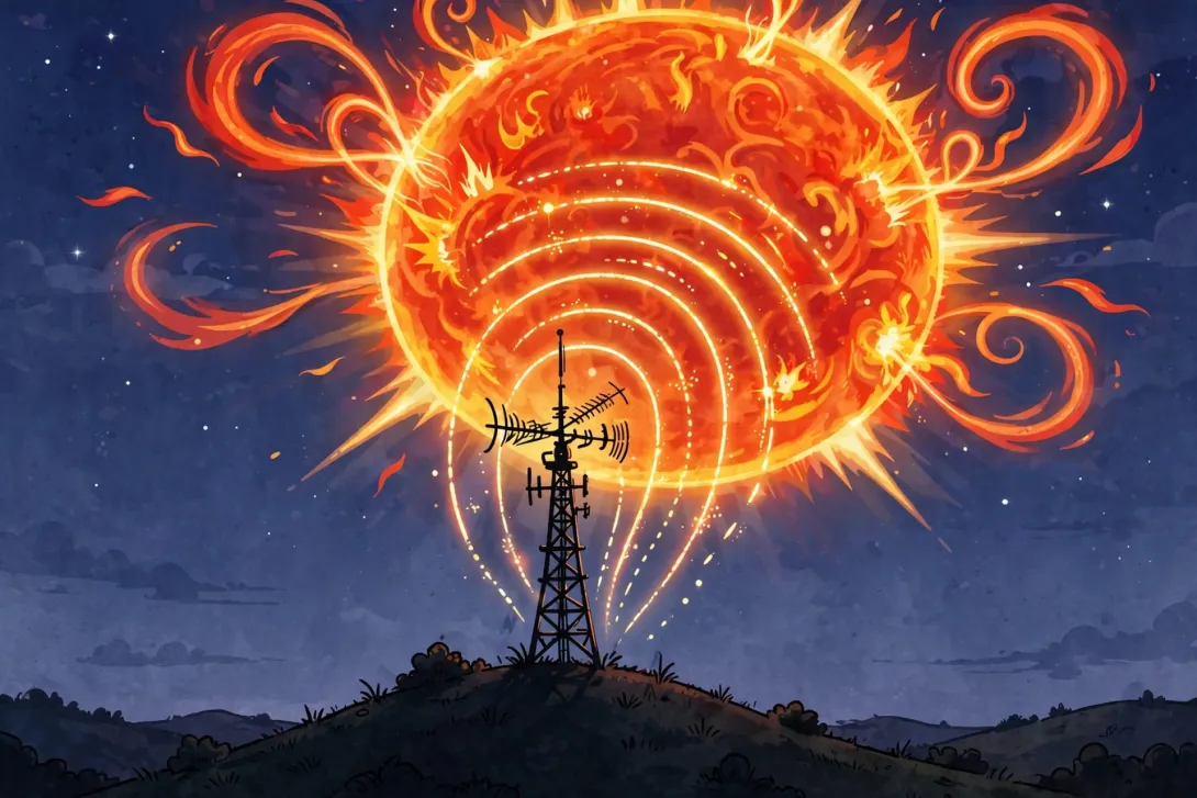 A cartoon illustration of a ham radio antenna tower on a hilltop silhouetted against a large, flaring sun with radio waves radiating outward.