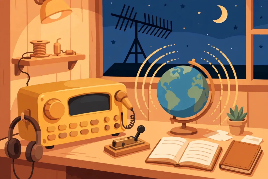 A cartoon illustration of a cozy amateur radio shack desk with a transceiver, headphones, Morse key, logbook, a globe encircled by radio waves, and a beam antenna silhouetted against a starry night sky.