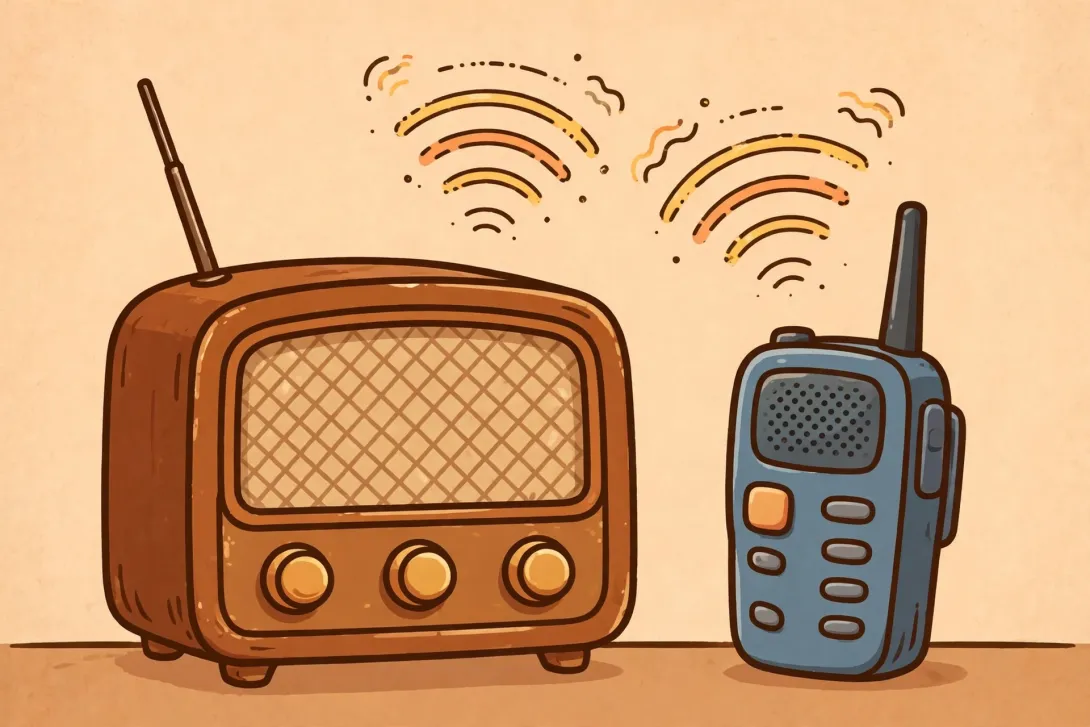 Cartoon illustration of a vintage 1940s tube radio beside a modern handheld two-way radio.