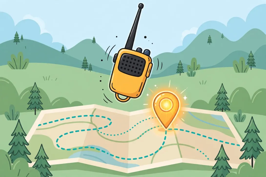 Cartoon illustration of a handheld two-way radio with a map and location pin.