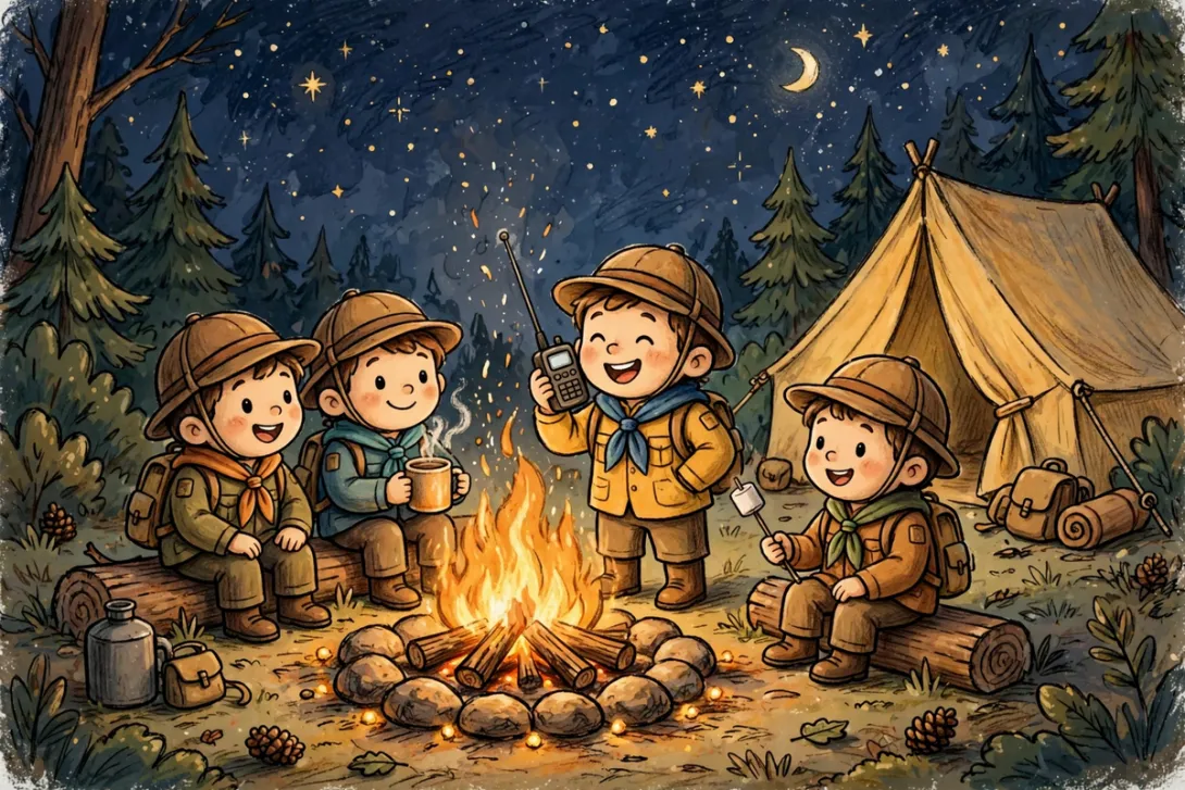 Cartoon illustration of young scouts talking on a handheld radio at a campsite under a starry night sky.
