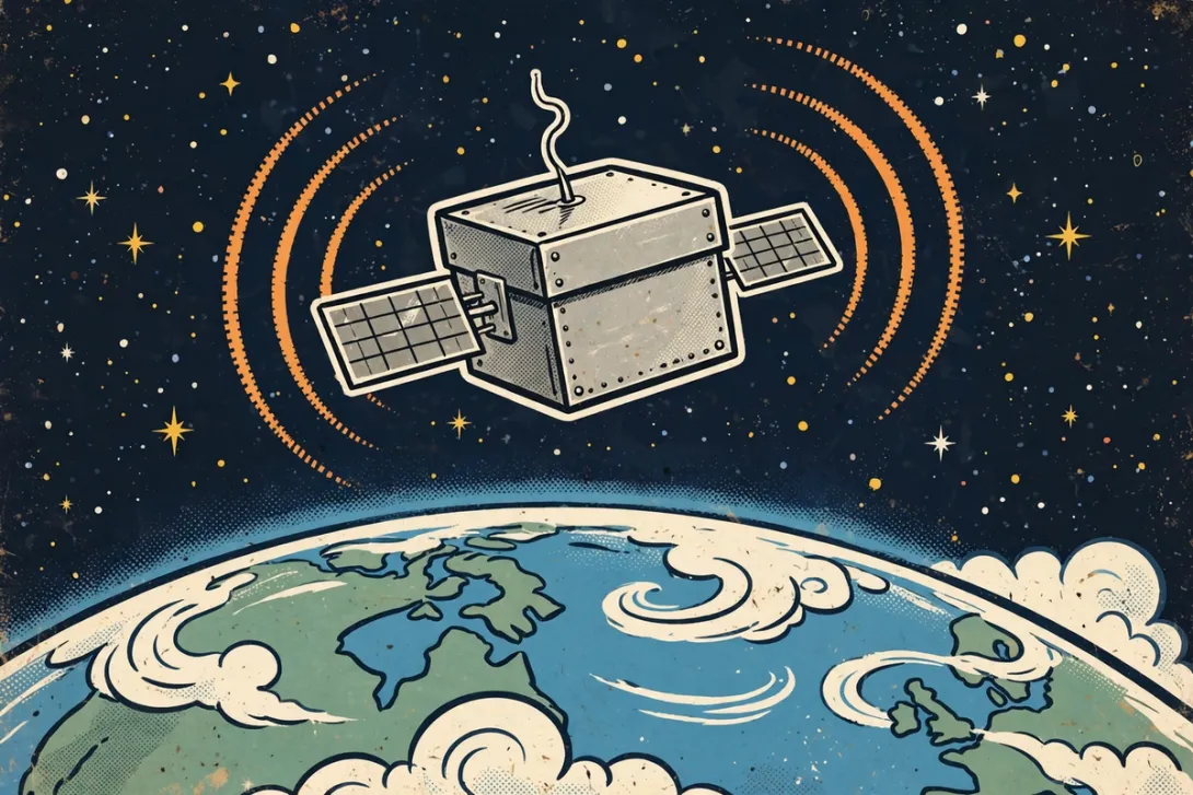Cartoon illustration of a tiny shoebox-shaped satellite beeping above Earth in space.