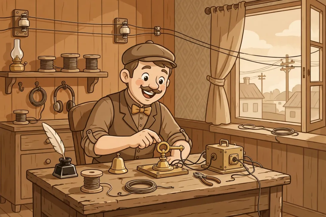 Cartoon of a vintage telegrapher cheerfully sending Morse on a brass straight key