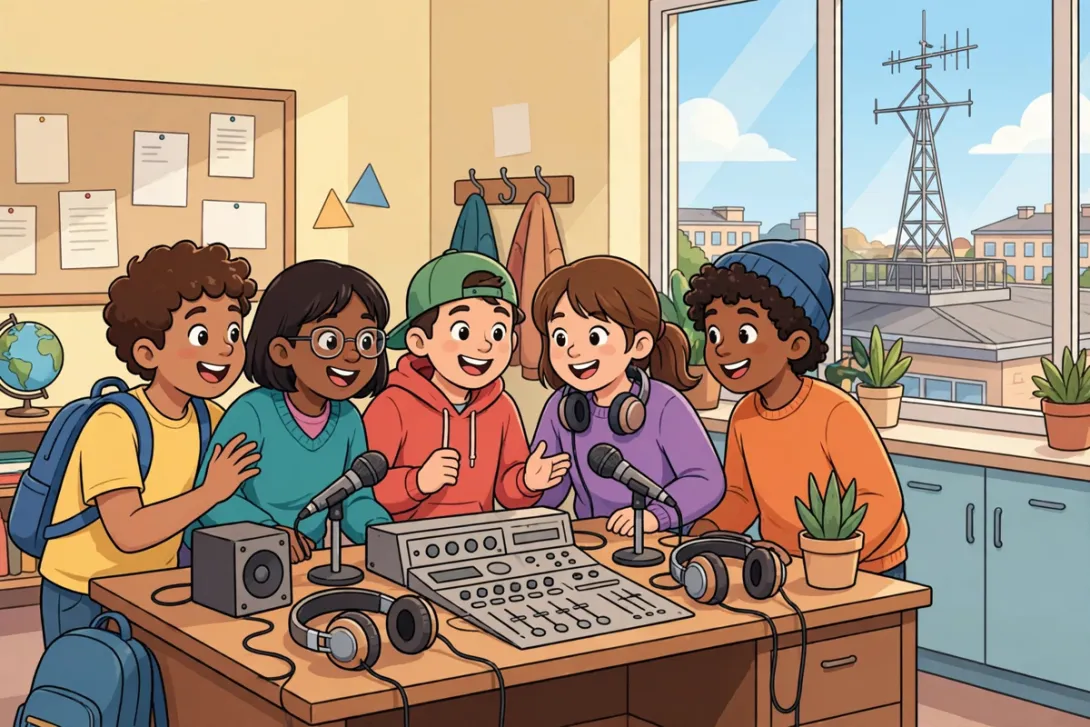 Cartoon of a school classroom with students gathered around a radio station and a rooftop antenna