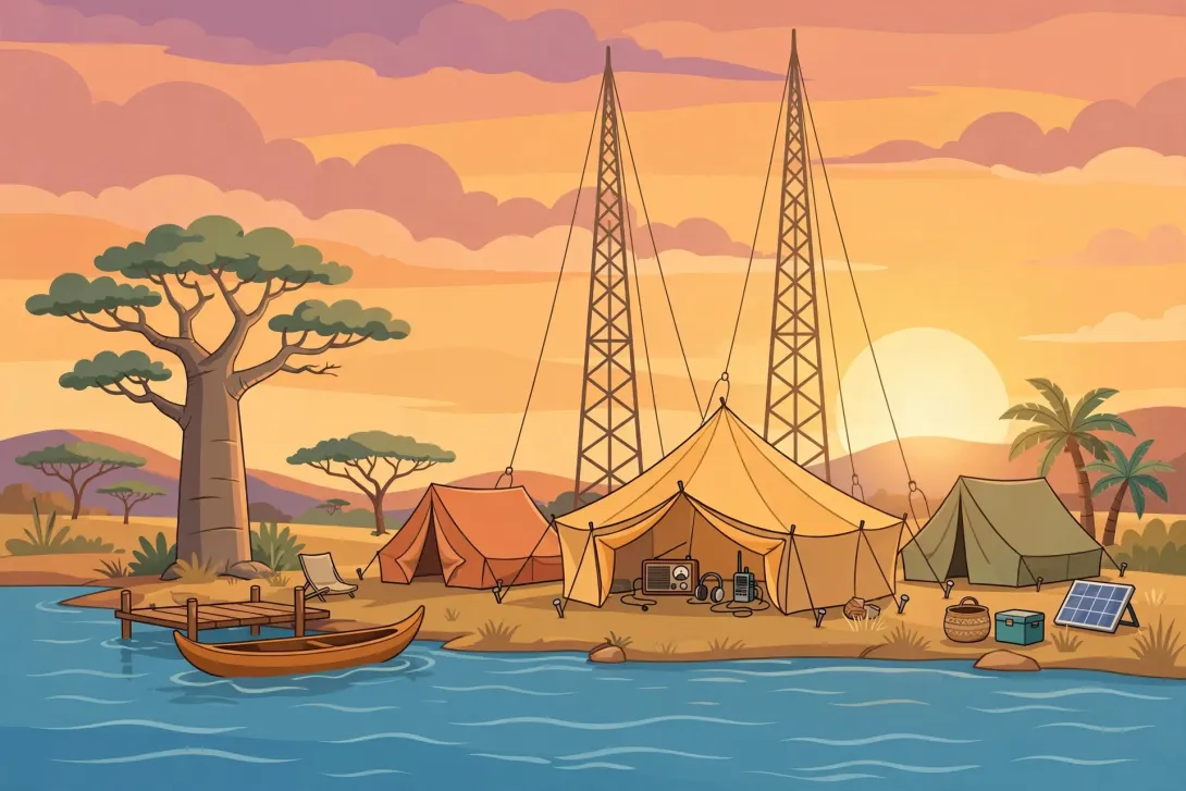 Cartoon of a West African lakeside camp with antennas and a radio tent