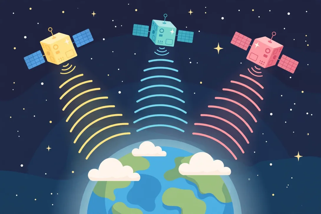 Cartoon of three tiny cube satellites beaming signals down to Earth