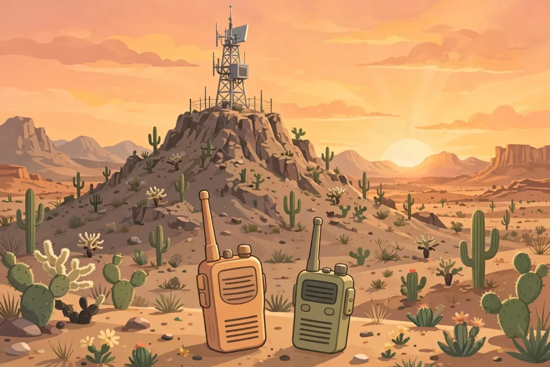 Cartoon of a mountaintop repeater tower in the desert with GMRS handheld radios in the foreground