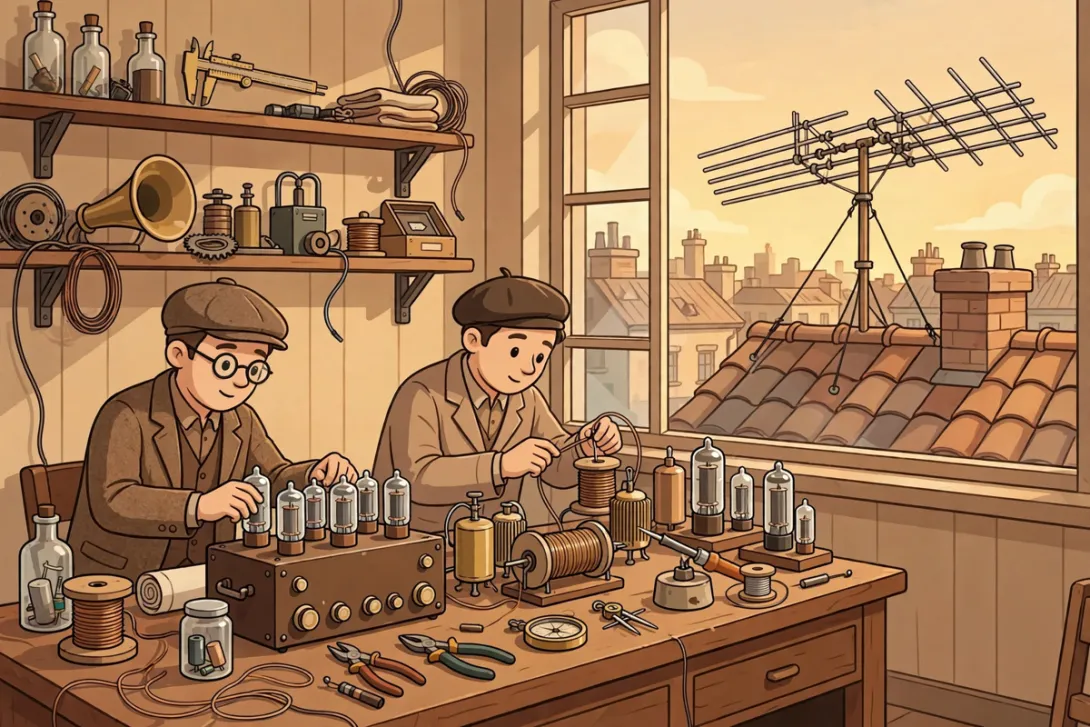 Cartoon of a 1920s laboratory with a classic multi-element Yagi beam on a rooftop