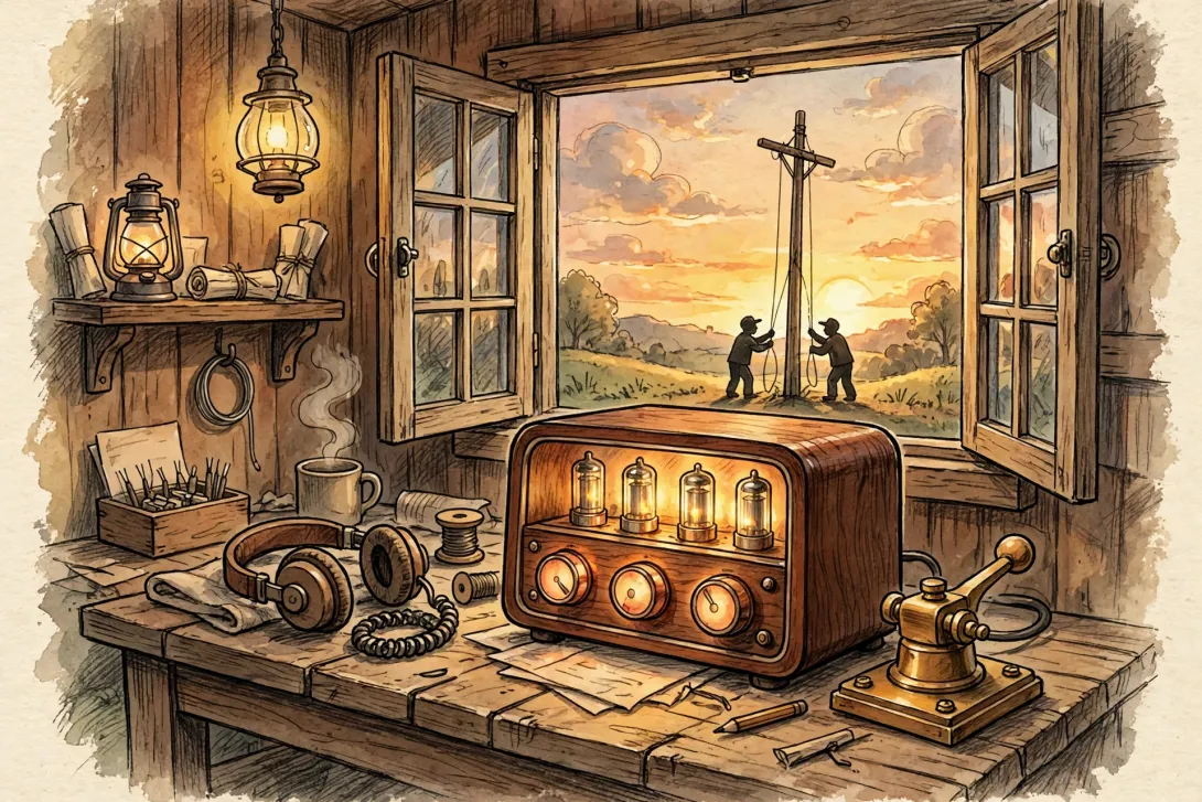 Cartoon illustration of a vintage 1940s ham radio shack with a glowing vacuum-tube receiver and telegraph key, while two figures outside the window lower an antenna mast at sunset.