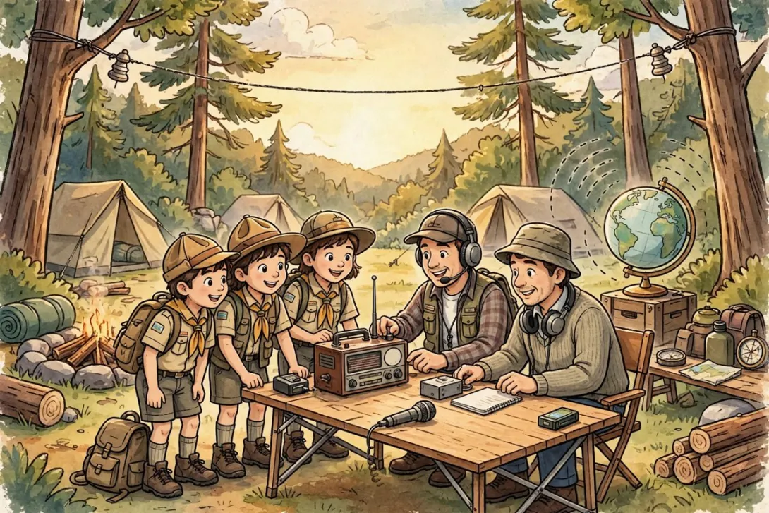 Cartoon illustration of scouts and amateur radio operators at a portable campsite station with an antenna strung between trees
