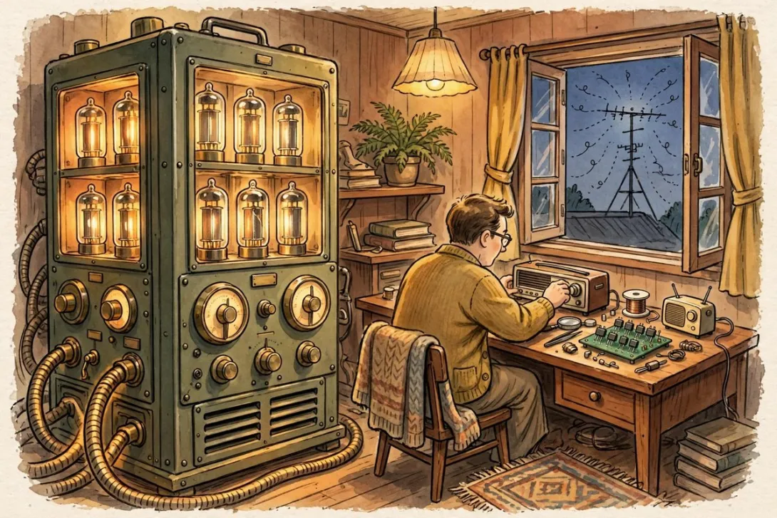 Cartoon illustration of a 1950s ham shack with a giant glowing vacuum-tube transmitter beside a tiny transistor radio on a wooden desk.