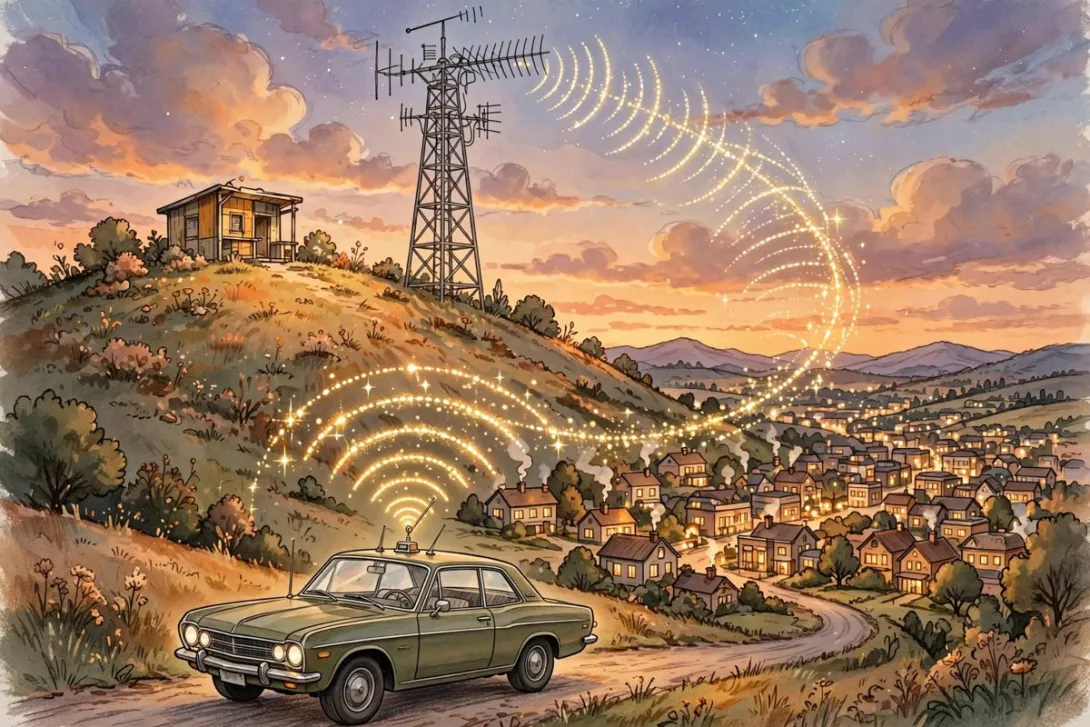 Cartoon illustration of a 1970s hilltop amateur radio repeater tower relaying signals to a mobile operator in a car overlooking a town at dusk.