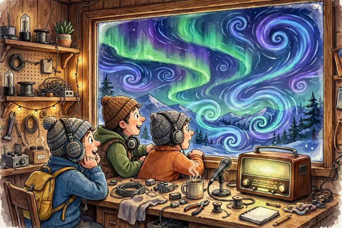 Cartoon illustration of amateur radio operators in a ham shack watching aurora glow through the window while solar wind swirls overhead