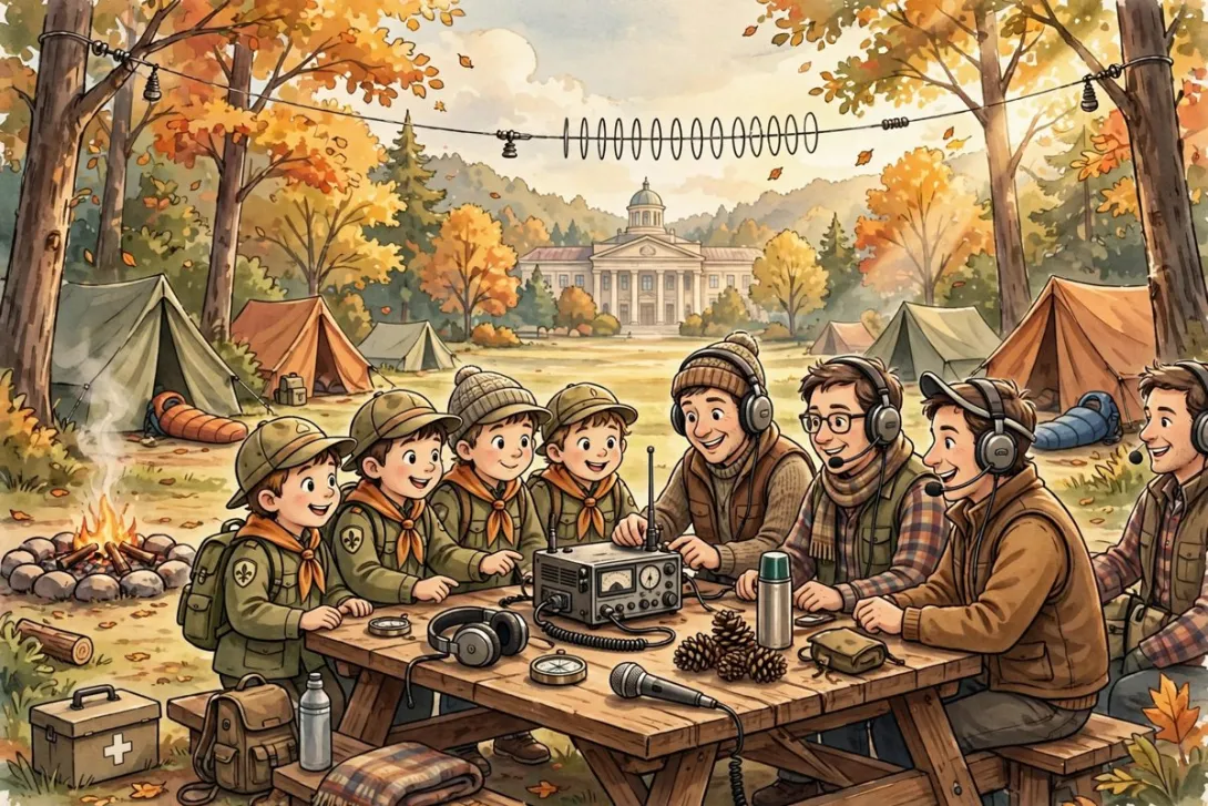 Cartoon illustration of Scouts and amateur radio operators at an outdoor radio station with tents, a dipole antenna between trees, and a convention hall behind them.